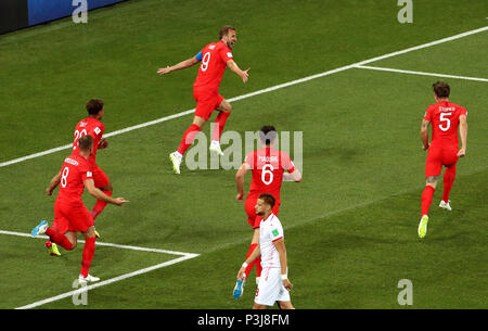 England's Harry Kane celebrates scoring his side's first goal of the game during the FIFA World Cup Group G match at The Volgograd Arena, Volgograd. Stock Photo