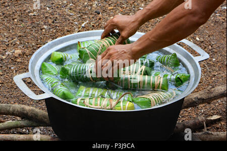 The day before a Cambodian wedding the family prepares the wedding feast. This man is cooking rice and sweetmeats wrapped in bannana leaves. Stock Photo