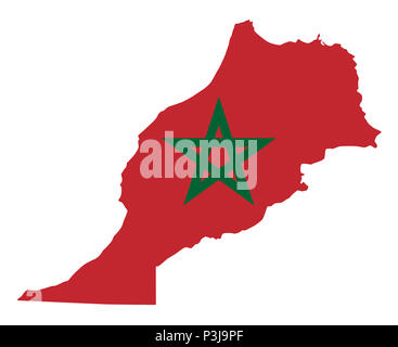 National flag of Morocco in the country silhouette. Moroccan state ensign. Red field and green pentagram. Sovereign state in Maghreb region. Stock Photo