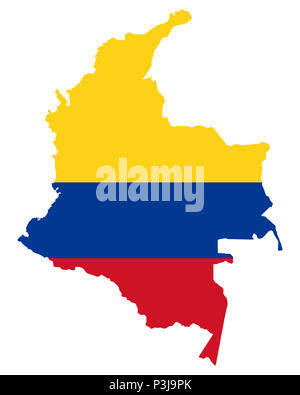 National flag of Colombia in the country silhouette. Colombian state ensign. Horizontal tricolour of yellow, blue and red. Republic in South America. Stock Photo