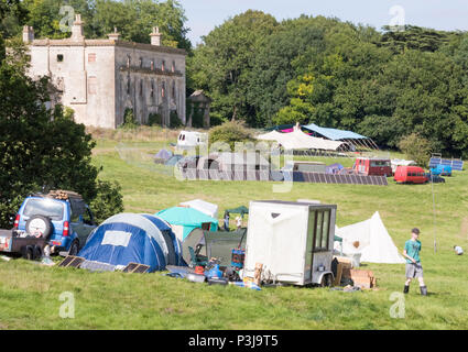 Chepstow, Wales – Aug 14: Tents pitch up on Chepstow racecourse on 14 Aug 2016 at the opening of the Green Gathering Festival Stock Photo