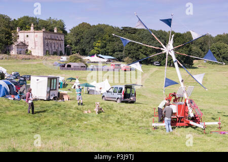 Chepstow, Wales – Aug 14: A mobile windmill wind generator sets up on 14 Aug 2016 at the opening of the Green Gathering Festival Stock Photo