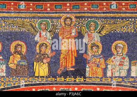 Christ, St.John the Baptist, the Virgin Mary, S.Prassede, St.Paul and Angels - Detail of the Arch of Triumph mosaic (9th c) - Basilica of S.Prassede Stock Photo