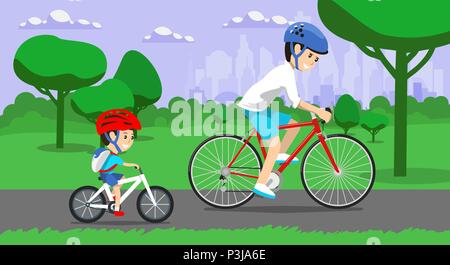 Father and son riding bikes in town park. Vector illustration Stock Vector