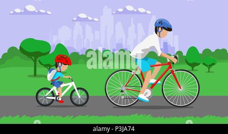 Father and son riding bikes in town park. Vector illustration Stock Vector