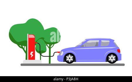 Electric car charging at refuelling power station. Modern vehicle technology. Vector illustration Stock Vector