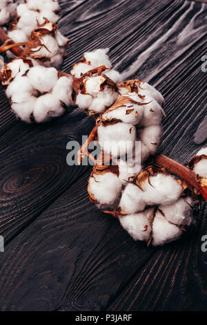 A cotton flower on a branch lies on an old wooden table close up Stock Photo