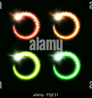 Holiday light background elements set on black backdrop. Decorative lights circle frame pack. Christmas colorful magic round comets collection glittering glowing trail tail. Bright vector illustration Stock Vector