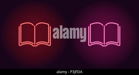 Neon icon of Red and Pink Book. Vector illustration of Neon Book consisting of neon outlines, with backlight on the dark background Stock Vector