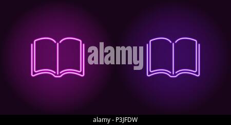Neon icon of Purple and Violet Book. Vector illustration of Neon Book consisting of neon outlines, with backlight on the dark background Stock Vector