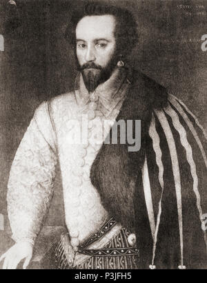 Sir Walter Raleigh, c.1554 - 1618.  English landed gentleman, writer, poet, soldier, politician, courtier, spy and explorer.  From Shakespeare The Player, published 1916 Stock Photo