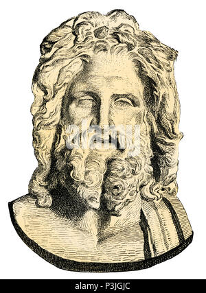 Zeus, king of the ancient Greek gods. Hand-colored woodcut reproduction of a bust in the Vatican Stock Photo