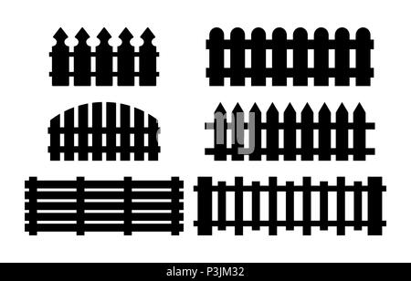 Wooden fence set. Simple silhouette design isolated on white Stock Vector