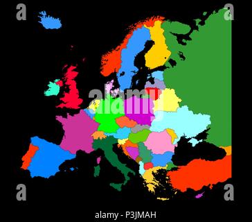 Map of Europe  with country borders isolate on black background Stock Vector