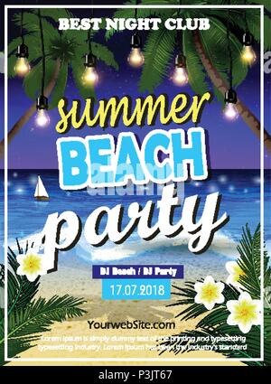 Summer beach night party dark banner template with tropical leaves and ...