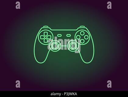 Neon icon of Green Joystick. Vector illustration of Wireless Gamepad consisting of neon outlines. Neon Gaming Joystick with backlight on the dark back Stock Vector