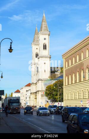 Munich, Germany - October 25, 2017:  Ludwigstrasse and St.Ludwig church as seen from Odeonsplatz Stock Photo
