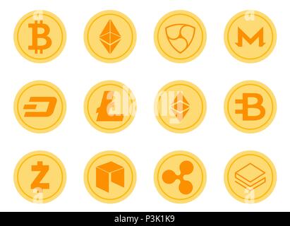 Crypto Coins Vector Icons Set. Cryptocurrency Logo Set - Bitcoin, Litecoin, Ethereum, Ethereum Classic, Monero, Ripple, Zcash Dash, Stratis, Bytecoin, Stock Vector
