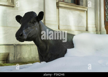 Claudia, a bronze scuplture by Canadian artist Joe Fafard, partially covered by snow in the Montreal Museum of Fine Arts Sculpture Garden, Canada. Stock Photo