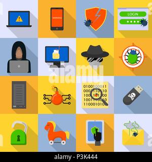 Cyber attack computer virus icons set, flat style Stock Vector
