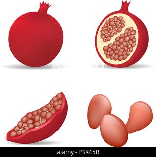 Pomegranate juice seeds icons set, realistic style Stock Vector