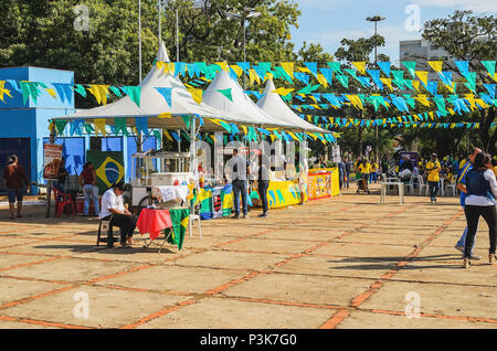 Campo Grande, Brazil - June 17, 2018: Food barracks at Praça do Rádio Clube (Brasil vs Switzerland match at world cup). Free entrance, open air event. Stock Photo