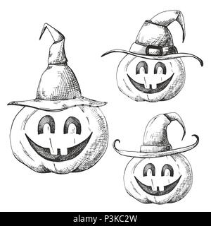 Hand drawn set of pumpkins for Halloween in pointed caps. Vector illustration in sketch style. Stock Vector