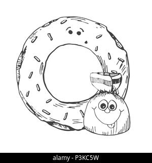 Hand drawn donut and candy in the cartoon style. Vector illustration of a sketch style. Stock Vector