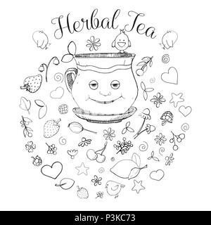 Hand drawn a cup in the cartoon style, different herbs, plants, berries and birds. The inscription is herbal tea. Vector illustration of a sketch styl Stock Vector