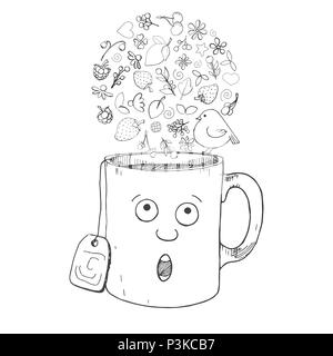 Hand drawn a cup in the cartoon style, different herbs, plants, berries and birds. Vector illustration of a sketch style. Stock Vector