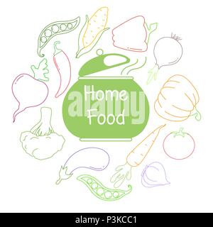 Different vegetables and a pot. Vector illustration in a linear style. The inscription is home food. Stock Vector