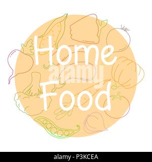 Different vegetables and a pot. Vector illustration in a linear style. The inscription is home food. Stock Vector