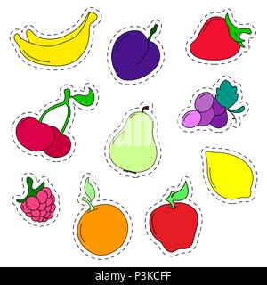 Set of stickers  fruits in a flat style. Line icons. Vector illustration. Stock Vector