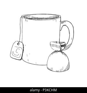 Hand drawn mug and candy. Vector illustration in sketch style. Stock Vector