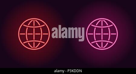 Neon icon of Red and Pink Globe. Vector illustration of Neon Globe consisting of neon outlines, with backlight on the dark background Stock Vector