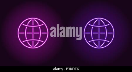 Neon icon of Purple and Violet Globe. Vector illustration of Neon Globe consisting of neon outlines, with backlight on the dark background Stock Vector