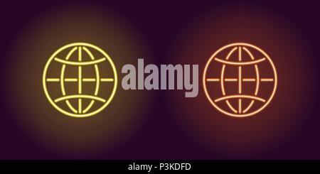 Neon icon of Yellow and Orange Globe. Vector illustration of Neon Globe consisting of neon outlines, with backlight on the dark background Stock Vector