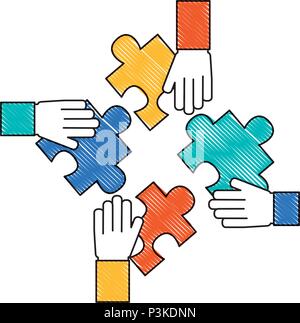 hands with pieces puzzles connected teamwork vector illustration Stock Vector