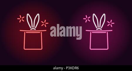 Neon icon of Red and Pink Magic Hat. Vector illustration of Neon Magic Hat with Rabbit consisting of neon outlines, with backlight on the dark backgro Stock Vector