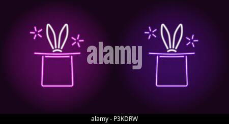 Neon icon of Purple and Violet Magic Hat. Vector illustration of Neon Magic Hat with Rabbit consisting of neon outlines, with backlight on the dark ba Stock Vector