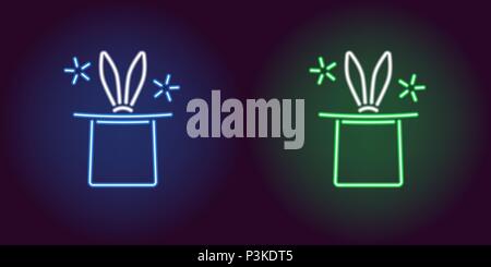 Neon icon of Blue and Green Magic Hat. Vector illustration of Neon Magic Hat with Rabbit consisting of neon outlines, with backlight on the dark backg Stock Vector