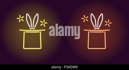Neon icon of Yellow and Orange Magic Hat. Vector illustration of Neon Magic Hat with Rabbit consisting of neon outlines, with backlight on the dark ba Stock Vector