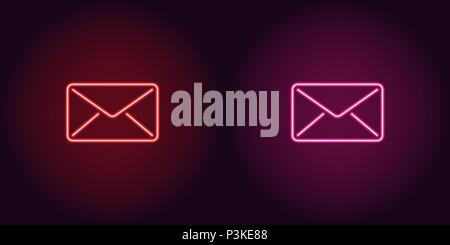 Neon icon of Red and Pink Mail. Vector illustration of Neon Mail Envelope consisting of neon outlines, with backlight on the dark background Stock Vector