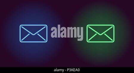 Neon icon of Blue and Green Mail. Vector illustration of Neon Mail Envelope consisting of neon outlines, with backlight on the dark background Stock Vector