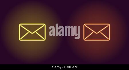 Neon icon of Yellow and Orange Mail. Vector illustration of Neon Mail Envelope consisting of neon outlines, with backlight on the dark background Stock Vector