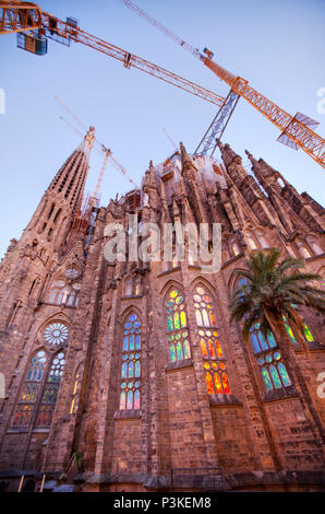 Low angle view of Basilica i Temple Expiatori de la Sagrada Familia, Barcelona, Catalonia, Spain Stock Photo