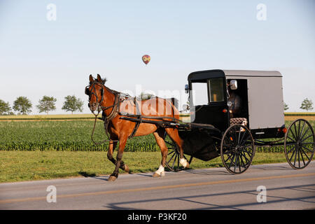 Hot air balloon over Amish buggy, Lancaster County, Pennsylvania, USA Stock Photo