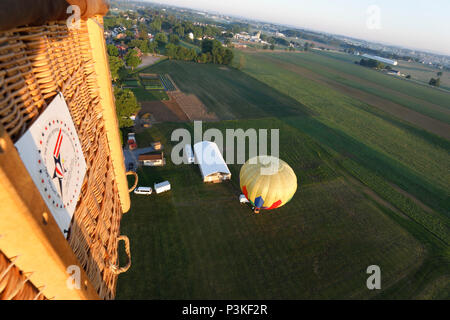 Aerial view of hot air balloon flying over farm, Lancaster County, Pennsylvania, USA Stock Photo