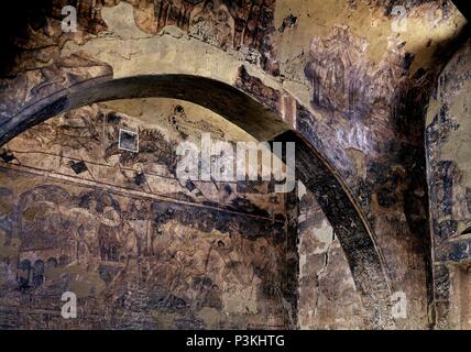 FRESCOS EN EL INTERIOR DEL GRAN SALON DEL CASTILLO DE QUSEIR AMRA - SIGLO VIII - DINASTIA OMEYA. Location: CASTILLO. Stock Photo