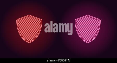 Neon icon of Red and Pink Network Shield. Vector illustration of Neon Shield consisting of neon outlines, with backlight on the dark background Stock Vector